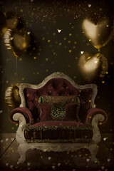 armchair with gold helium balloons