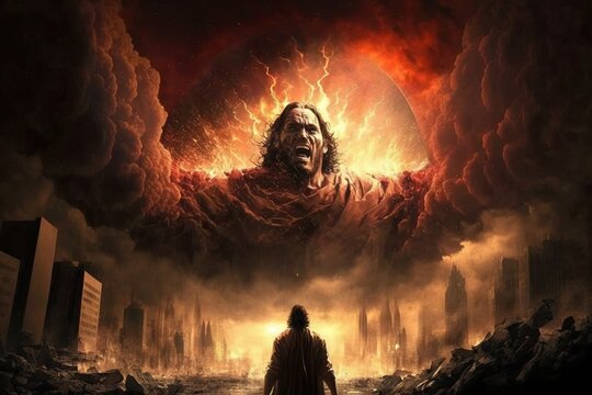 a fictional religious illustration of The End Times, a depiction of the end of the world and the second coming of Jesus Christ