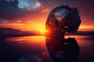 Biomechanical skull or head on water, sunset landscape. Generative ai