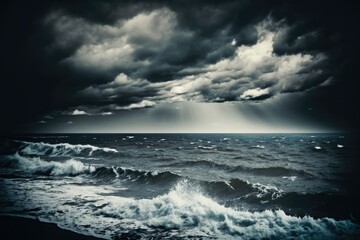Stormy Sea and Sky. Thundery Clouds and Gray Ocean. Wild Nature Dark Dramatic Background. Toned and Filtered Square Photo with Copy Space. Generative AI