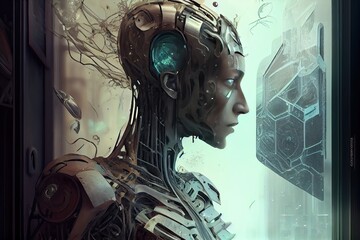 Human kind transformation in robot cyborg in future, robotic portrait generative ai