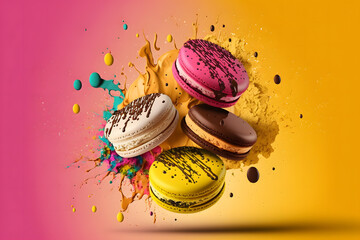 Colorful macarons with sugar powder explosion moment on orange background. Neural network generated art