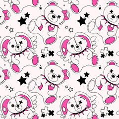 2000s emo girl kawaii seamless pattern. Y2K, 90s glamour aestetic. Cartoon characters teddy bear and bunny