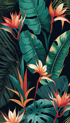 Illustration of tropical pattern with rainforest plants like leaves, fruits and flowers. Tropical wallpaper background. Natural light, pastel colors. Modern composition art. Generative AI.