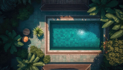 Luxury balinese style swimming pool top view. Created with Generative AI technology. - obrazy, fototapety, plakaty