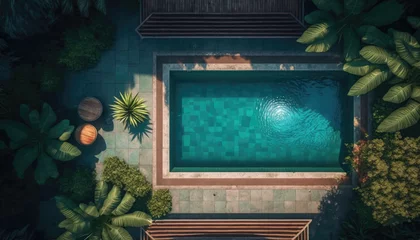 Tuinposter Luxury balinese style swimming pool top view. Created with Generative AI technology. © Yuliia