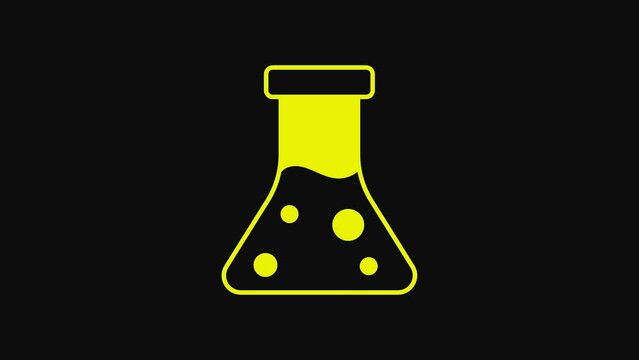Yellow Oil petrol test tube icon isolated on black background. Cmemistry flask and falling drop. 4K Video motion graphic animation