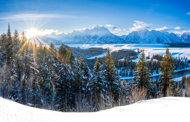 Snake River Overlook with the setting Sun in Winter,.Winter Wonderland.Grand Teton National Park,Wyoming,USA