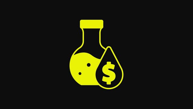Yellow Oil petrol test tube icon isolated on black background. Cmemistry flask and falling drop. 4K Video motion graphic animation