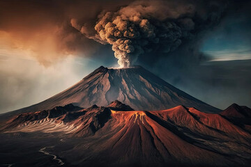 A panoramic view of a volcano with a plume of smoke in the background, Rank 1 National Geographic, volcano, mountain, landscape, sky, nature, mount, eruption, fuji, clouds, travel, peak, lava, snow, 