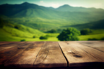 Wooden table with landscape of mountains, green hills, meadow and countryside. Created with Generative AI technology