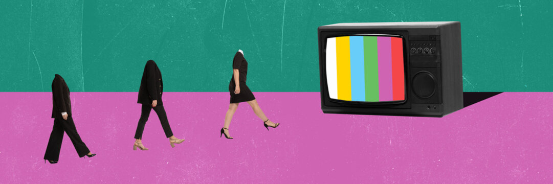 Contemporary art collage or modern design. Stylish young business women without head going to vintage TV set. Concept of news, propaganda, retro style, social media, information