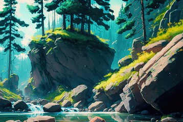 Fototapeta na wymiar Unexplored wilderness of conifer pine trees growing on rocky cliffs, river streams flowing into a vast lake. Rugged terrain and lush green vegetation - generative AI. 