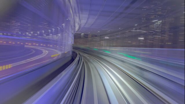 4K Time lapse of automatic train Cab View moving to tunnel, across Rainbow bridge, Tokyo, Japan