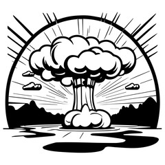 Nuclear explosion mushroom in cartoon black and white style for coloring. Vector illustration