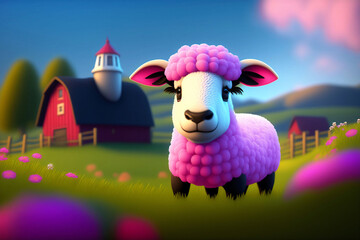 A cute sheep in front of a barn with colorful flowers. Farm animal. Generative AI.