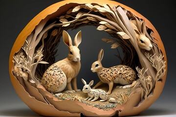 Obraz premium Easter egg and bunny, wood sculpture (Ai generated)