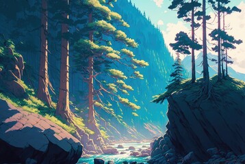 Unexplored wilderness of conifer pine trees growing on rocky cliffs, river streams flowing into a vast lake. Rugged terrain and lush green vegetation - generative AI.	