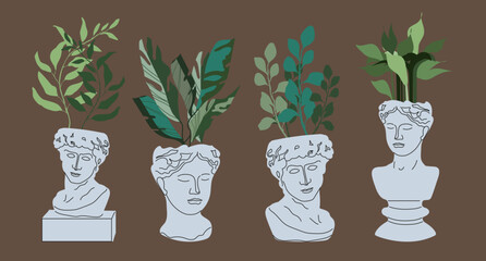 Trendy collection of home plants in statue heads flowerpots pack icons. Set of houseplants in pots modern illustrations.