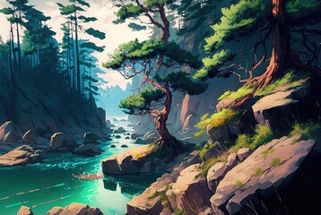 Unexplored wilderness of conifer pine trees growing on rocky cliffs, river streams flowing into a vast lake. Rugged terrain and lush green vegetation - generative AI.	