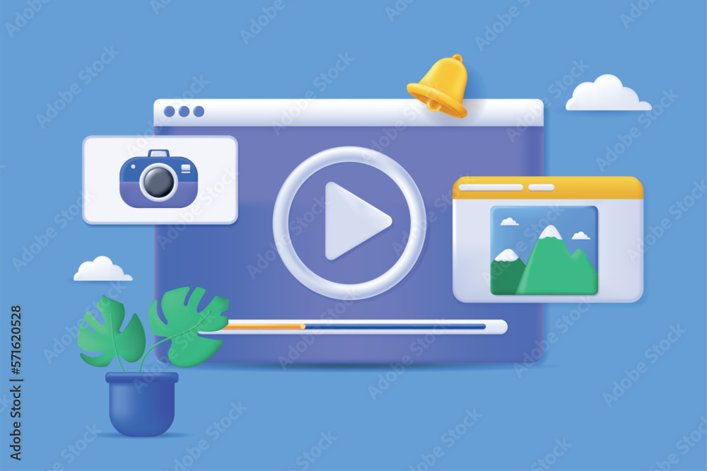 Poster Video player concept 3D illustration. Icon composition with program interface for playing video content and movie streaming for computer or mobile phone. Vector illustration for modern web design