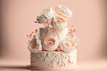Tastefully decorated birthday or wedding cake with floral decorations for a woman. AI generative
