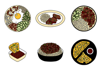 Bulgogi, pajeon, bibimbap, kalbi. Korean dish, vector set.