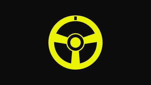 Yellow Racing steering wheel icon isolated on black background. Car wheel icon. 4K Video motion graphic animation
