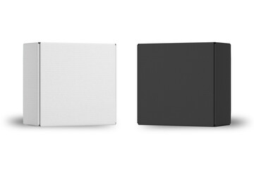 Blank Black and white textured cardboard delivery boxes, 3d rendering. side view.