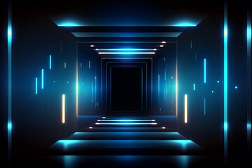 Dark blue abstract neon lights background, technology business grainy gradient dynamic perspective, Generative AI

