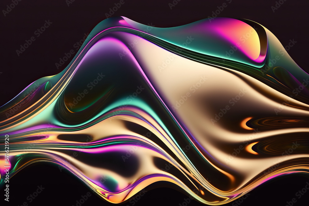 Wall mural abstract fluid 3d render holographic iridescent neon curved wave in motion dark background. generati