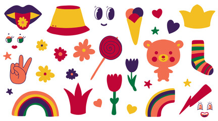 Fun colorful stickers collection in kid core style. Simple and playful doodle set.
