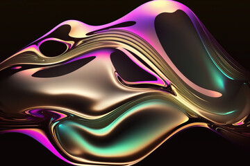 Abstract fluid 3d render holographic iridescent neon curved wave in motion dark background. generative AI digital illustration.