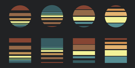 Vintage sunset collection in 70s 80s style. Regular and distressed retro sunset set. Five options with textured versions. Circular gradient background. T shirt design element. Vector illustration,flat