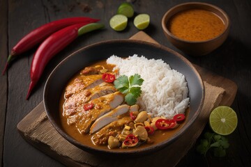 spicy chicken curry with rice,popular Thai food. Generative AI
