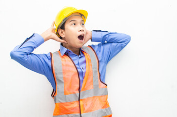 overjoyed asian male construction worker opening mouth shocked and surprised. construction worker with wow expression.