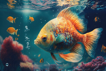 colorful blue and orange fish swimming in the ocean made by generative ai