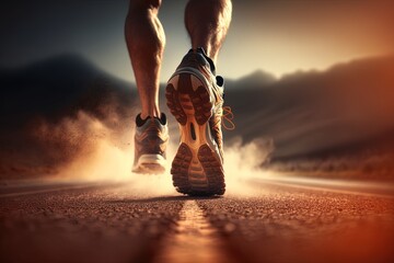 An athlete running on the dirt route at the mountain at sunset. Close up of his feet.  Concept: Trail running sport action and human challenge. Generative ai