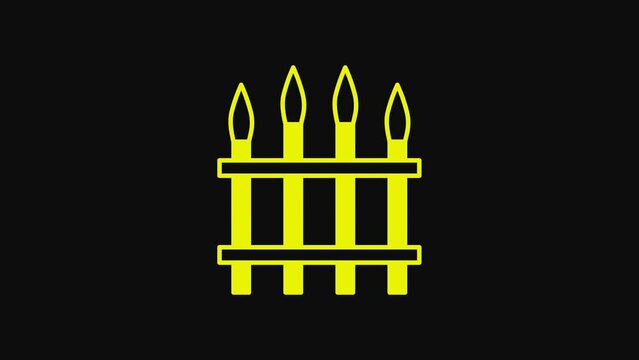 Yellow Classic iron fence with metal pillars icon isolated on black background. Ancient wrought iron fence. 4K Video motion graphic animation