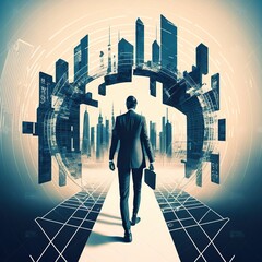 Concept of business technology, At night, a professional businessman walks on a future network city background with a futuristic interface graphic in a cyberpunk color style, generative AI
