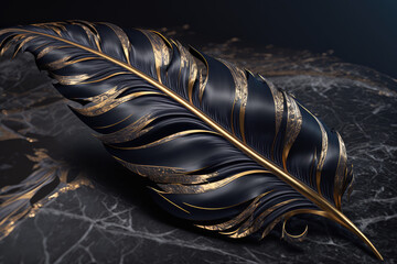 ultra realistic black marble feather with gold textures and dynamic lighting made by generative ai