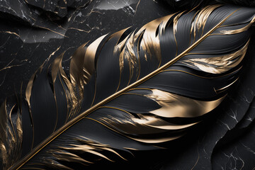 ultra realistic black marble feather with gold textures and dynamic lighting made by generative ai