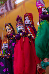 Handmade Puppet, Rajasthani colorful hand made puppet hanging on display.