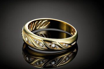 product photo of gold ring jewelry with brilliant diamonds and a dark studio backdrop made by generative ai