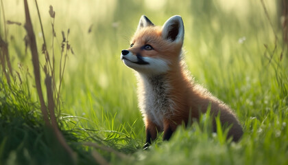 cute little fox, fox cub sitting in the grass