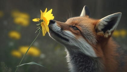 fox smelling a flower 