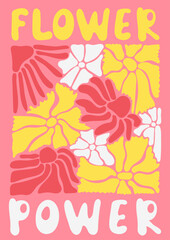 Obraz premium Flower power.Trendy floral retro poster. Abstract blossom print in naive art style. Seventies, groovy background. Decorative contemporary botanical elements. Hippie Aesthetic. Vector