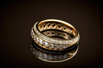 product photo of gold ring jewelry with brilliant diamonds and a dark studio backdrop made by generative ai