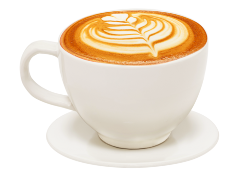 Cup of cappuccino with beautiful latte art. PNG transparency	