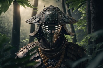Portrait of a samurai in Japanese armor and a Hidden face jungle in the background ,Generative ai
